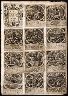 Saint John the Evangelist: eleven episodes in the Book of Revelation. Engraving after J. Snellinck, 1585.