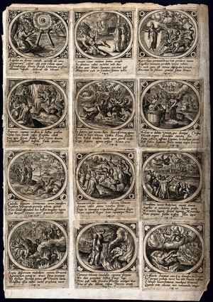 view Saint John the Evangelist: twelve episodes in the Book of Revelation. Engraving after J. Snellinck, 1585.