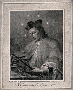 Saint John Nepomucen. Engraving by A. Rossi after P. Novelli.