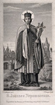 Saint John of Nepomucen. Engraving by F. Dinger, 1853, after J.A. Settegast.