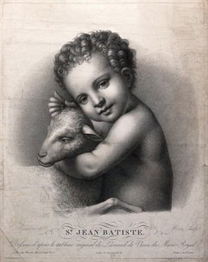 view Saint John the Baptist as a child, holding a lamb. Stipple print by A.J. Mécou after G. Reverdin after Leonardo da Vinci, 18--.