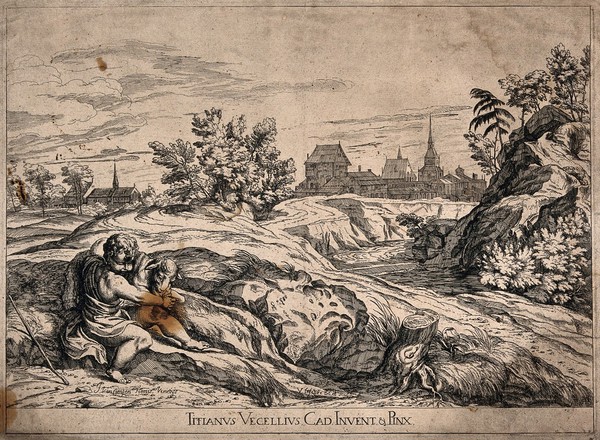Saint John the Baptist as a child holding a lamb, in wilderness. Etching by V. Lefebvre, 1682, after Titian.