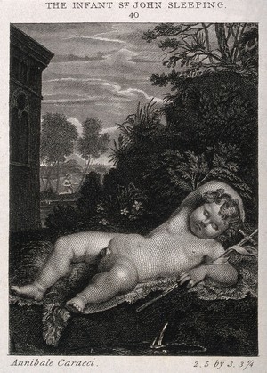 view Saint John the Baptist as an infant, sleeping, with a cross in his hand. Engraving by C. Heath after W.M. Craig after A. Carracci (?), 1815.
