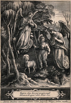 view Saint John the Baptist as a child, in the wilderness, with two angels and a lamb; city in the background. Engraving by A. Collaert after J. van der Straet, 161-.