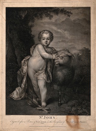Saint John the Baptist as a child, with a lamb, in the wilderness. Engraving by W. Walker after A. van Dyck, 1767.