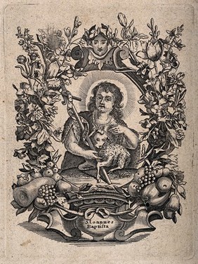 Saint John the Baptist as an infant, holding a cross and a lamb. Engraving.