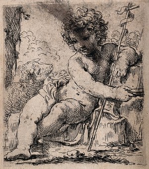 view Saint John the Baptist as an infant, seated, holding a cross. Etching by S. Cantarini, 1650/1700.