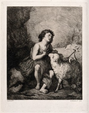 view Saint John the Baptist as a child, seated, holding a cross, with a lamb. Etching by B. Maura after B.E. Murillo, 1876.