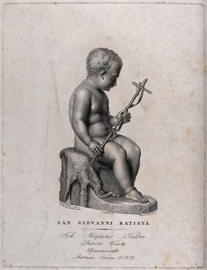 view Saint John the Baptist as a child, seated, holding a cross. Engraving by B. Consorti after G. Tognoli after A. Canova, 1817.