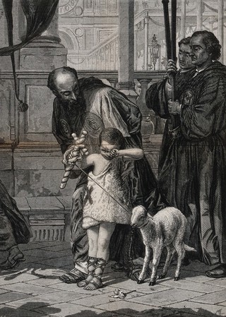 A boy, dressed as Saint John the Baptist for a procession in Venice. Wood engraving by W. Hollidge after F.W.W. Topham, 1870.
