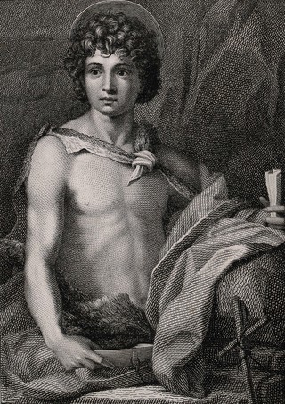 Saint John the Baptist wearing a camel skin. Engraving by I. Bonaiuti after A. del Sarto.