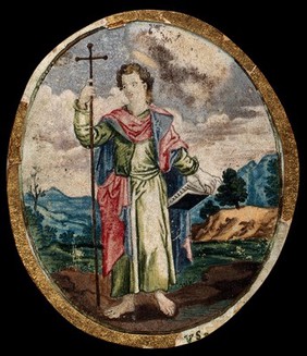 Saint John the Baptist in the wilderness, holding a cross. Watercolour, 17--.