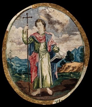 view Saint John the Baptist in the wilderness, holding a cross. Watercolour, 17--.