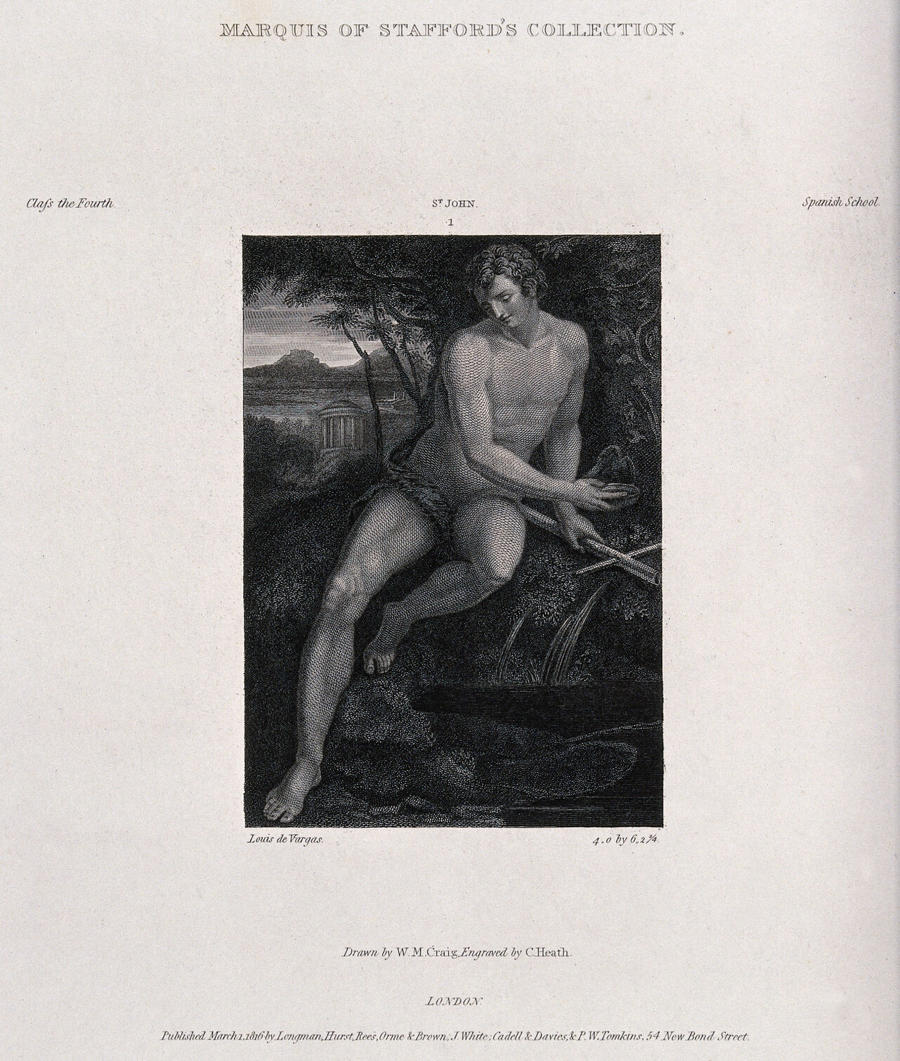 Saint John the Baptist in the wilderness, seated next to a spring of water. Engraving by C. Heath after W.M. Craig after L. de Vargas, 1816., March 1, 1816, by Luis de Vargas