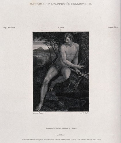 Saint John the Baptist in the wilderness, seated next to a spring of water. Engraving by C. Heath after W.M. Craig after L. de Vargas, 1816.