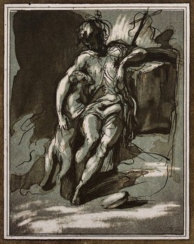 Saint John the Baptist in the wilderness, with a lamb. Colour etching and aquatint by F. Rosaspina after F. Mazzola, il Parmigianino.