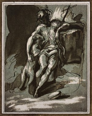 view Saint John the Baptist in the wilderness, with a lamb. Colour etching and aquatint by F. Rosaspina after F. Mazzola, il Parmigianino.