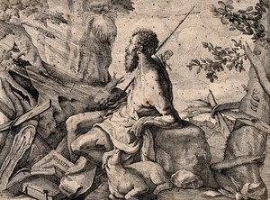 view Saint John the Baptist in the wilderness, holding a cross. Etching by P.E. Menarola after J. Bassano, 1680/1700.