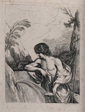 Saint John the Baptist as a youth, in the wilderness, next to a spring. Etching by F. Bartolozzi after G.F. Barbieri, il Guercino, 17--.