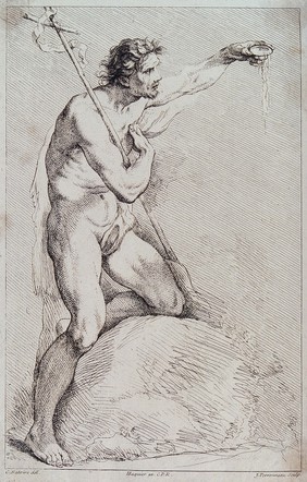 Saint John the Baptist in the wilderness, holding a cross. Etching by J.B. Perronneau after C.J. Natoire, 174-.