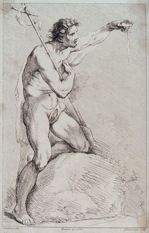 view Saint John the Baptist in the wilderness, holding a cross. Etching by J.B. Perronneau after C.J. Natoire, 174-.