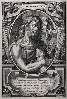 Saint John the Baptist in the wilderness, holding a lamb and a cross. Engraving by M. van Lochom.