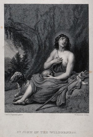 view Saint John the Baptist as a youth in the wilderness, holding a skull. Engraving by W. Ensom, 1832, after C. Cignani.