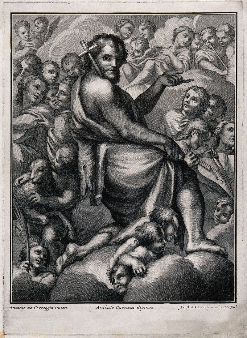 Saint John the Baptist. Etching by G.A. Lorenzini after Annibale Carracci after A. Allegri, il Correggio., by Antonio da Correggio