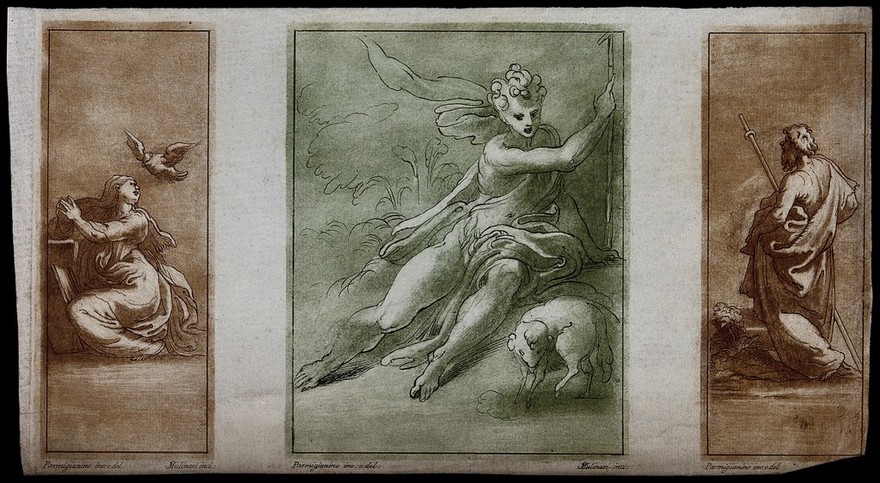 Saint John the Baptist. Colour etching by S. Mulinari after G.F.M. Mazzola, il Parmigianino.