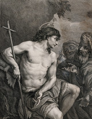Saint John the Baptist. Etching by P.E. Moitte, 1754, after J.C. Loth, il Carlotto.