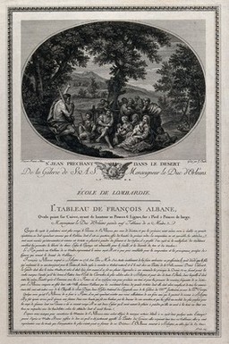 Saint John the Baptist preaching to a group of people in the wilderness. Engraving by J. Couché after F. Albani.