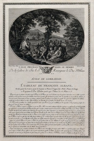 view Saint John the Baptist preaching to a group of people in the wilderness. Engraving by J. Couché after F. Albani.
