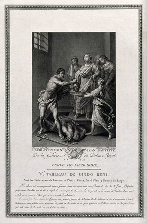 view Decapitation of Saint John the Baptist. Engraving by N. Le Mire, 1791, after Borel after G. Reni.