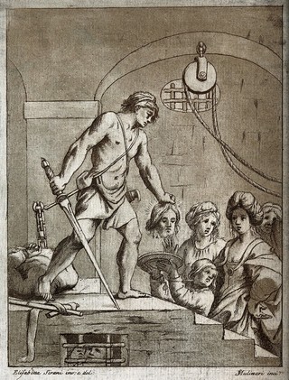 The decapitation of Saint John the Baptist. Etching by S. Mulinari after E. Sirani.