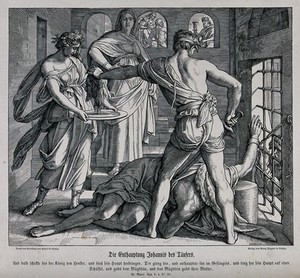 view The decapitation of Saint John the Baptist. Wood engraving by C.A. Zscheckel after Julius Schnorr von Carolsfeld.