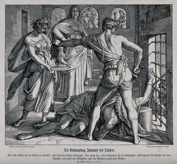 The decapitation of Saint John the Baptist. Wood engraving by C.A. Zscheckel after Julius Schnorr von Carolsfeld.