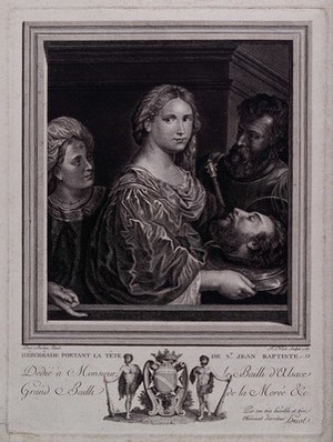 view Saint John the Baptist: Salome holding his severed head on a charger. Etching by F. Huot, 1787, after P. Bordone.