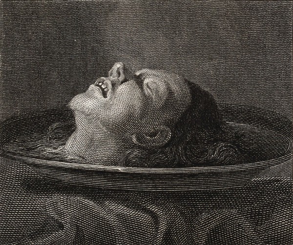 Saint John the Baptist: his decapitated head. Etching after D. Fetti (?).