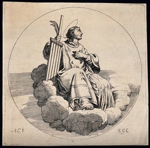 view Saint Laurence. Etching by S. Guillain the younger after Annibale Carracci.