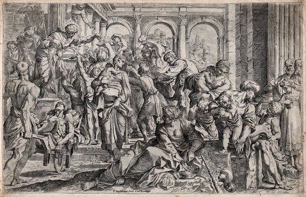 Saint Roch dispensing charity. Etching, 1610, after Annibale Carracci.