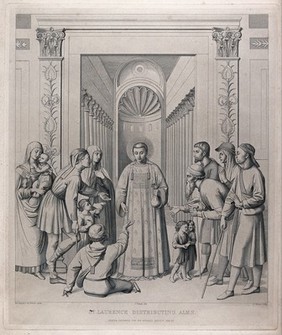 Saint Laurence of Rome distributing alms. Engraving by L. Gruner after J. Tunner after Fra Angelico.