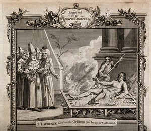 view The martyrdom of Saint Laurence of Rome. Engraving by J. Smith.