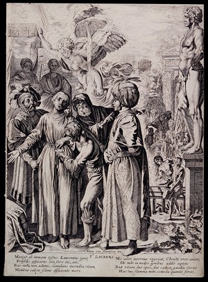 view The martyrdom of Saint Laurence of Rome. Etching by P. Soutman after A. Elsheimer.