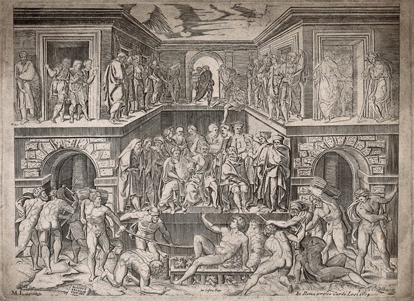 The martyrdom of Saint Laurence. Engraving by Michele Lucchese after M.A. Raimondi, 1525, after B. Bandinelli.
