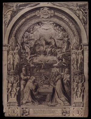 view The martyrdom of Saint Laurence of Rome. Engraving by Adamo Ghisi (Scultori) after F. Zuccaro.