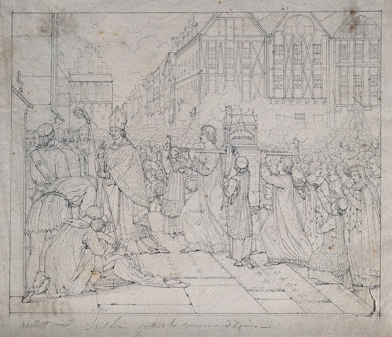 Saint Louis carrying the crown of thorns through the streets of Sens. Pencil drawing after B. Gaillot, 1824., by Bernard Gaillot
