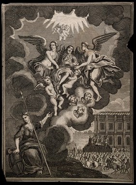 King Charles I: after his execution, Britannia points to his elevation into heaven by angels. Etching after J. Vanderbank.