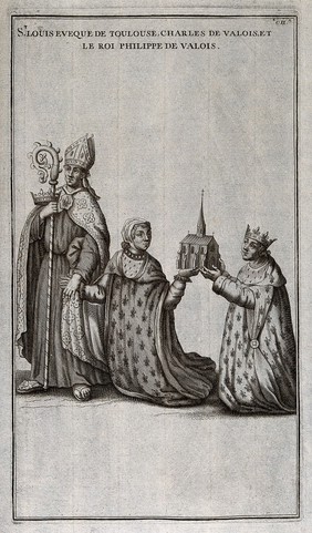 Saint Louis of Toulouse, Charles of Valois, and Philippe de Valois. Engraving.