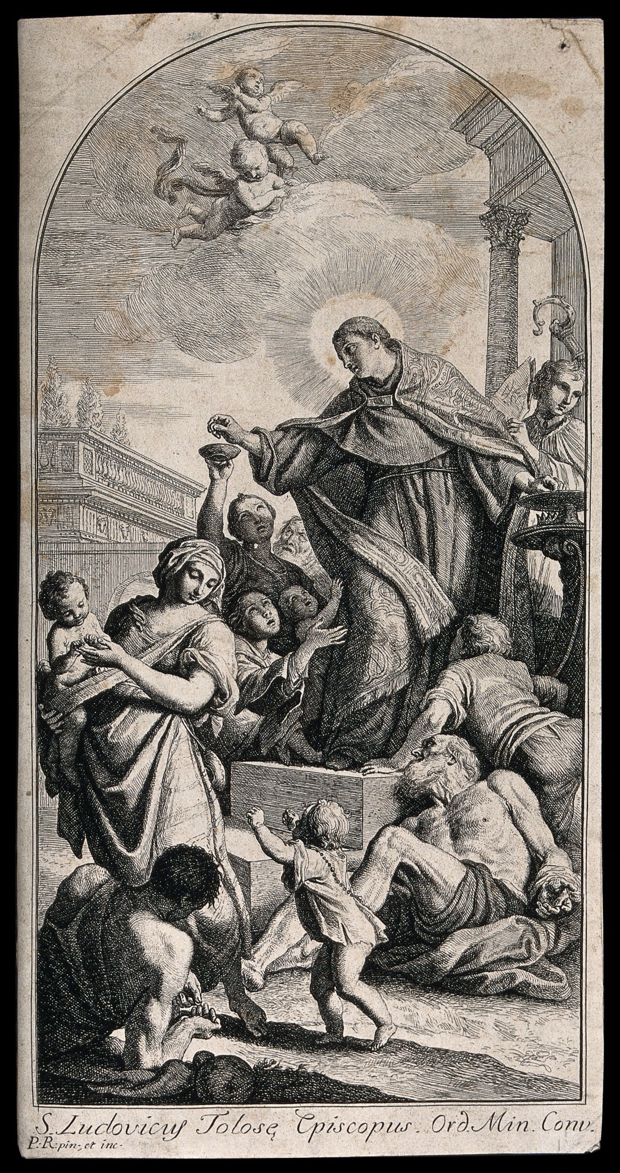 Saint Louis of Toulouse, giving alms. Etching by P. Rotari after his painting., 1700-1799, by Pietro Rotari