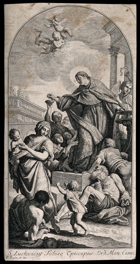 Saint Louis of Toulouse, giving alms. Etching by P. Rotari after his painting.
